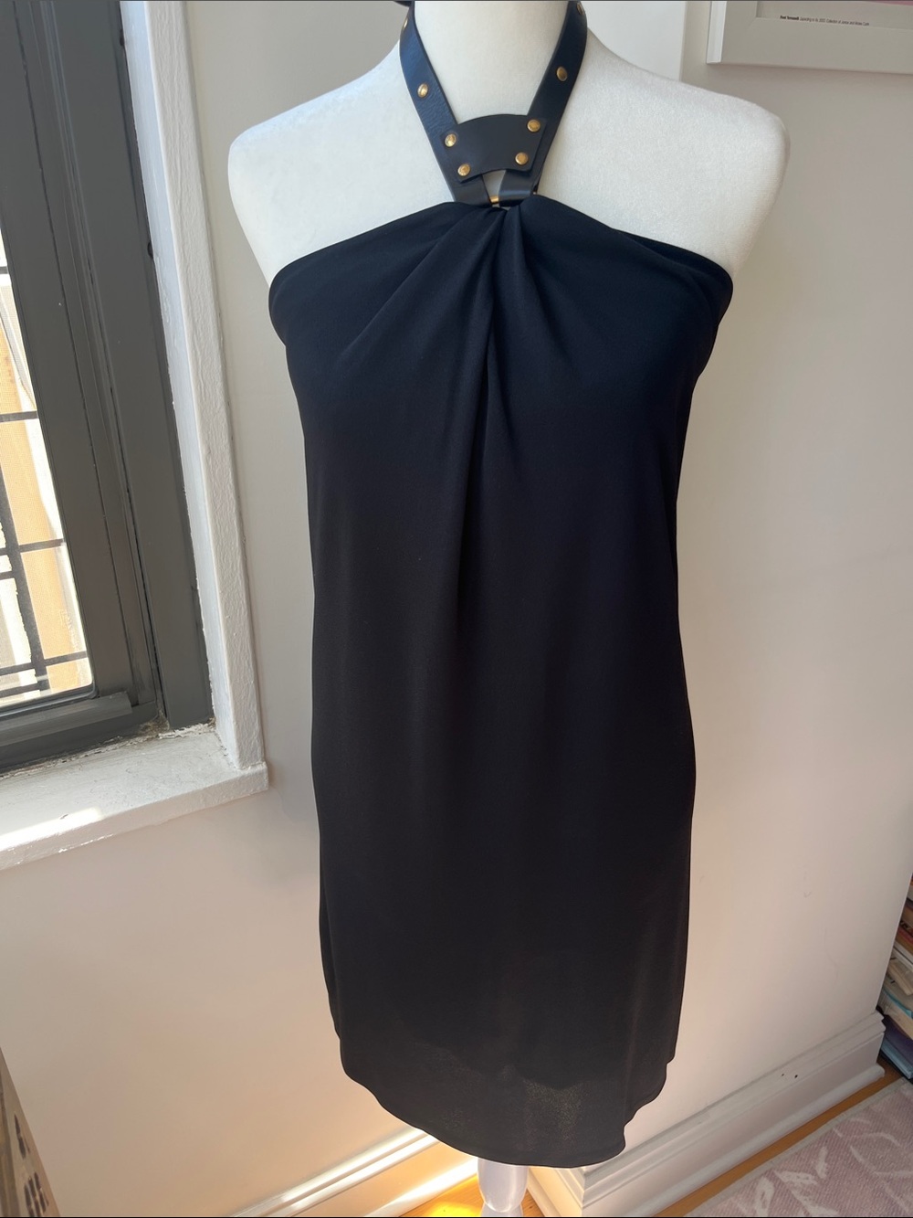 Gucci Black Strapless Dress with Leather Studded Neck Detail
